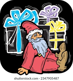 Funny Santa Claus giving you a present for Christmas or New Year. Gift box with ribbon, xmas surprise. Hand drawn illustration for poster print, card design, party invitation. Cartoon vector character