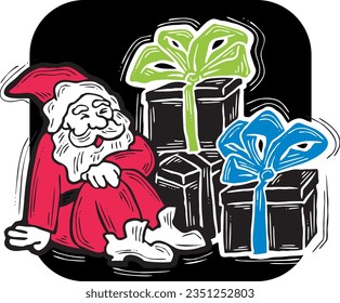 Funny Santa Claus giving you a present for Christmas or New Year. Gift box with ribbon, xmas surprise. Hand drawn illustration for poster print, card design, party invitation. Cartoon vector character