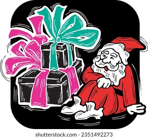 Funny Santa Claus giving you a present for Christmas or New Year. Gift box with ribbon, xmas surprise. Hand drawn illustration for poster print, card design, party invitation. Cartoon vector character