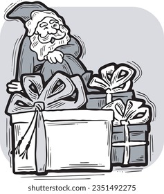 Funny Santa Claus giving you a present for Christmas or New Year. Gift box with ribbon, xmas surprise. Hand drawn illustration for poster print, card design, party invitation. Cartoon vector character