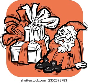 Funny Santa Claus giving you a present for Christmas or New Year. Gift box with ribbon, xmas surprise. Hand drawn illustration for poster print, card design, party invitation. Cartoon vector character