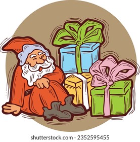 Funny Santa Claus giving you a present for Christmas or New Year. Gift box with ribbon, xmas surprise. Hand drawn illustration for poster print, card design, party invitation. Cartoon vector character