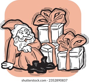 Funny Santa Claus giving you a present for Christmas or New Year. Gift box with ribbon, xmas surprise. Hand drawn illustration for poster print, card design, party invitation. Cartoon vector character