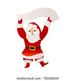 Funny Santa Claus in glasses holding blank, empty banner, poster above his head, flat cartoon vector illustration isolated on white background. Santa Claus holding empty banner with place for text