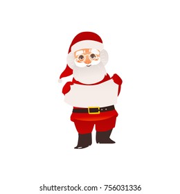 Funny Santa Claus in glasses holding blank, empty board, poster, place for text, flat cartoon vector illustration isolated on white background. Santa Claus character holding empty board, poster, board