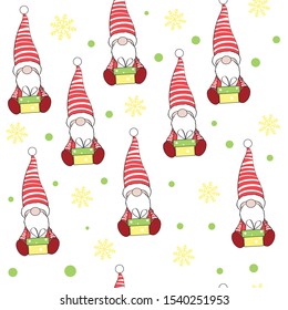 Funny santa claus gnome holds a gift on a white background seamless pattern