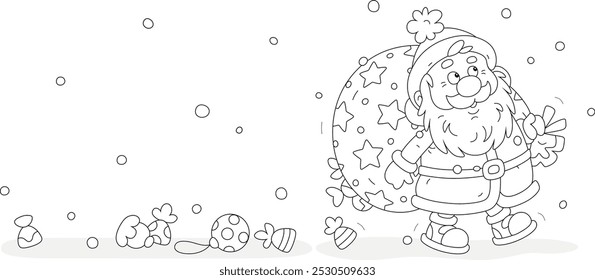 Funny Santa Claus going and loosing sweets and toys from his magical bag of Christmas gifts for little girls and boys, black and white outline vector cartoon illustration for a coloring book