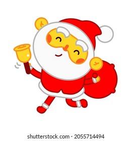 Funny Santa Claus with gold bell and red sack vector cartoon illustration isolated on a white background.