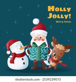 Funny Santa Claus, happy cute reindeer and snowman. Design of a Christmas card, banner, flyer with cartoon vector illustration