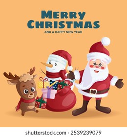 Funny Santa Claus, happy cute reindeer and snowman. Design of a Christmas card, banner, flyer with cartoon vector illustration