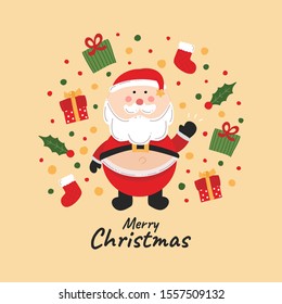 Funny Santa Claus in hat, gloves and belt on background with holiday lettering. Merry Christmas vector illustration.