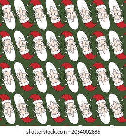 Funny Santa Claus head on green background geometric seamless pattern