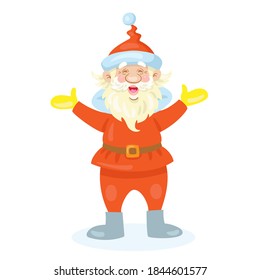 Funny Santa Claus with his hands raised in greeting. In cartoon style. Isolated on white background. Vector flat illustration.