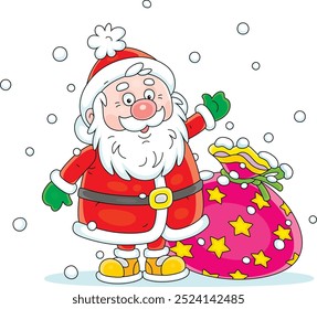Funny Santa Claus with his magical bag of winter holiday gifts for little children, friendly smiling and waving in greeting, vector cartoon illustration on a white background