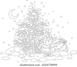 Funny Santa Claus with his magical gift bag under a snowy fir tree in a winter forest, black and white vector cartoon illustration for a coloring book