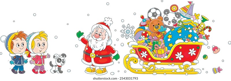Funny Santa Claus with his magical sleigh full of Christmas gifts for happy little children, vector cartoon illustration on a white background