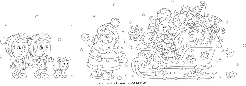 Funny Santa Claus with his magical sleigh full of Christmas gifts for happy little children, black and white outline vector cartoon illustration for a coloring book