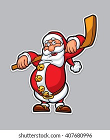 Funny Santa Claus with a hockey stick. Christmas card background poster. Vector illustration.