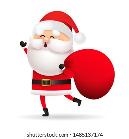 Funny Santa Claus holding bag with gifts. Red sack, present, copy space. Christmas concept. Realistic vector illustration can be used for topics like giving gifts, Xmas, New Year Sale