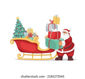 Funny Santa Claus is holding gift boxes with a sleigh full of presents. Merry christmas and new year. Cartoon vector character isolated on white background, modern holiday design.
