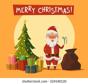 Funny Santa Claus holding gift in hand. Cartoon vector illustration. Greeting card. Bag with gifts. Christmas tree with gifts. Cartoon vector illustration. Happy New Year, Merry christmas