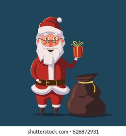 Funny Santa Claus holding gift in hand. Cartoon vector illustration. Christmas greeting card. Happy New Year. Vintage style. Bag with gifts.