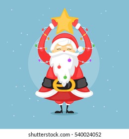 Funny Santa Claus holding star, garland and toy