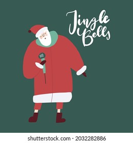 Funny Santa Claus with microphone. Christmas New year greeting card, postcard, poster, banner