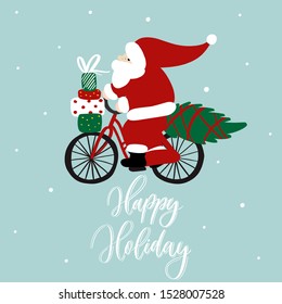 Funny Santa Claus on on a bicycle with gift boxes and Christmas tree. Vector cartoon illustration.Happy holiday lettering.