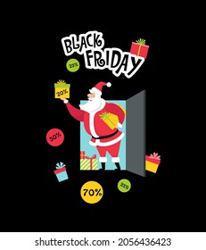 Funny Santa Claus on Black Friday giving out a discount in gifts. Big sale concept. Vector illustration in flat style
