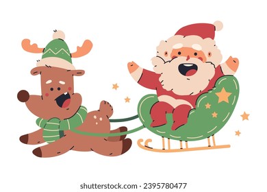 Funny Santa Claus on Christmas sleigh with reindeer vector cartoon character.