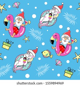 Funny santa claus on an inflatable flamingo and unicorn swim in the pool on a blue background seamless pattern