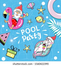 Funny santa claus on an inflatable flamingo and unicorn swim in the pool and the inscription pool party