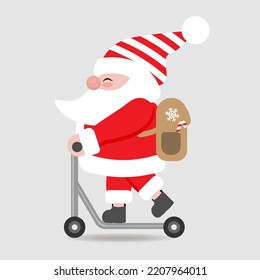 Funny Santa Claus on a scooter flat , vector illustration