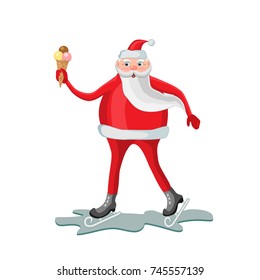 Funny Santa Claus on skates holds in his hand the ice cream cone - Christmas Eve.