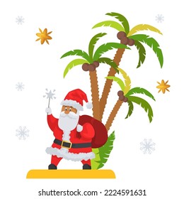 Funny Santa Claus on tropical island vector. Cute winter holiday character with gift sack and magic wand standing under palm tree on sand seaside beach isolated on white background