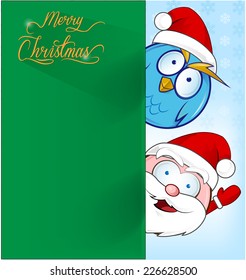 funny santa claus with owl on christmas background