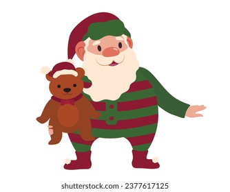 Funny Santa Claus in pajamas and with toy on white background