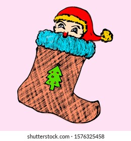 A funny Santa Claus peeping out of a Christmas sock. Hand drawn vector illustration. 