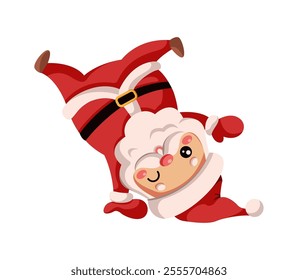 Funny Santa Claus performing playful handstand flat color vector character. Saint Nicolas winking upside down illustration on white