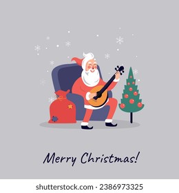 Funny Santa Claus playing on guitar flat icon , santa playing ukulele, ready for print, Santa claus with acoustic guitar singing Christmas carols for merry christmas card