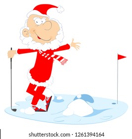 Funny Santa Claus plays golf illustration. Cartoon Santa Claus plays golf on the snow illustration

