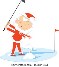 Funny Santa Claus plays golf illustration. Cartoon Santa Claus plays golf on the snow, illustration
