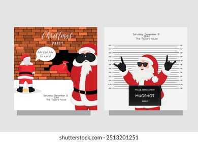 Funny Santa Claus police mugshot greeting cool mood rock and roll. Bad Santa peeing. Front and back card invitation party