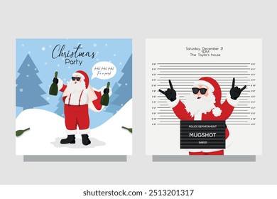 Funny Santa Claus police mugshot greeting cool mood rock and roll. Drunk Santa Claus drinking. Front and back card invitation party