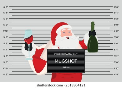 Funny Santa Claus police mugshot greeting with bottle of wine