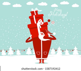 Funny Santa Claus with presents. Christmas and Happy Holidays vector card