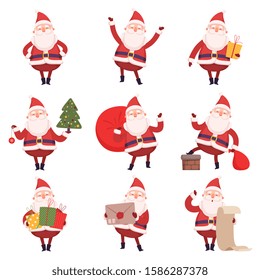 Funny Santa Claus with Presents Collection, Cute Christmas and New Year Character, Winter Holidays Design Element Vector Illustration