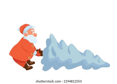 Funny Santa Claus is pulling New Year Tree to get it decorated. Little tired Santa is determined to get Christmas decorations and mood. Vector illustration isolated on white background.