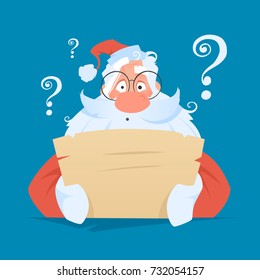 Funny santa claus reading a letter with question face expression Color vector illustration